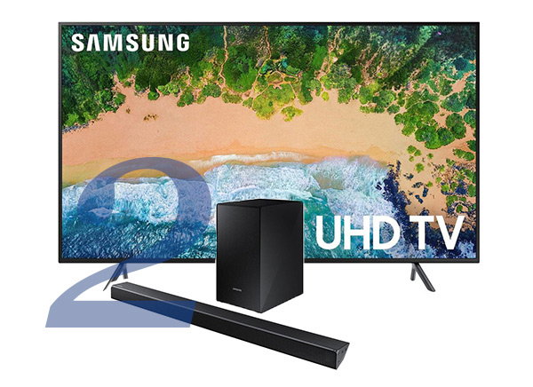 SAMSUNG 55" Class (54.6" diagonal) Smart 4K UHD TV & 320W 2.1Ch Sound Bar & Wireless Subwoofer