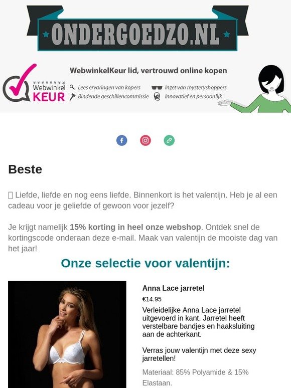 💕 Schenk jezelf of jouw partner een sexy lingeriesetje. Spanning gegarandeerd! Krijg nu 15% korting. 🎉