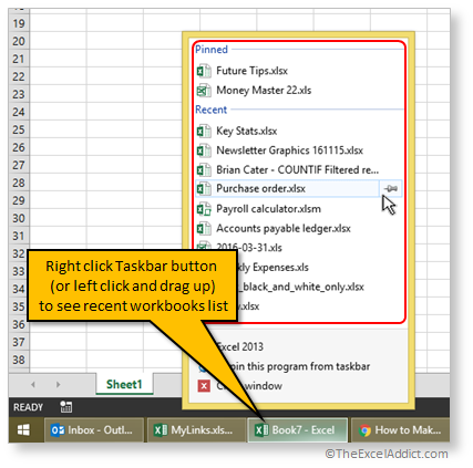 Access Recent List Of Workbooks From Windows Taskbar in Microsoft Excel 2007 2010 2013
2016 365