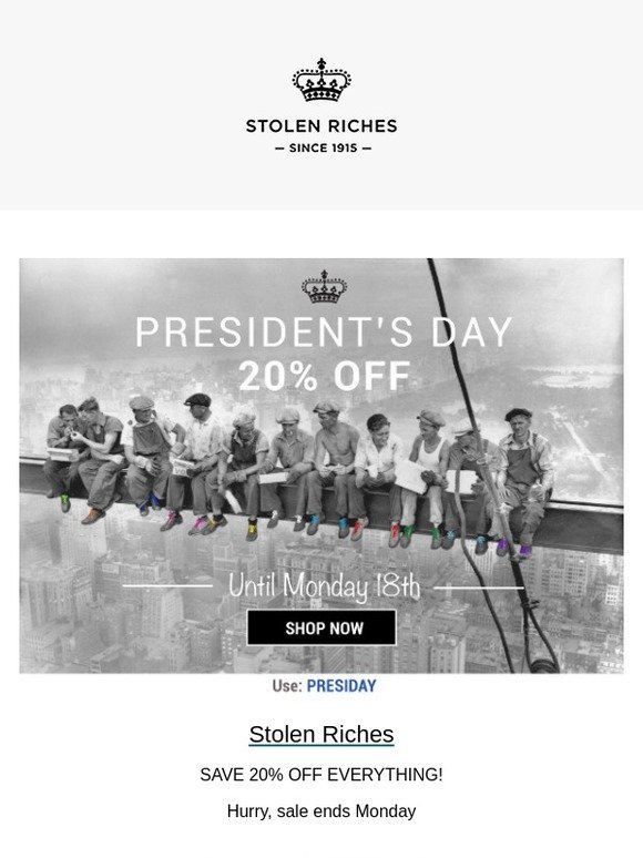 20% Off Site Wide in Celebration of President's Day