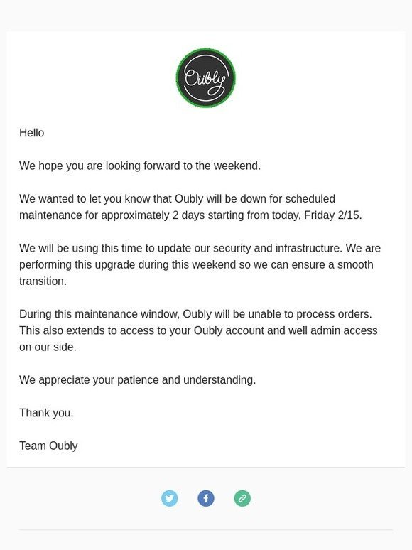 Oubly is Down For Scheduled Maintenance
