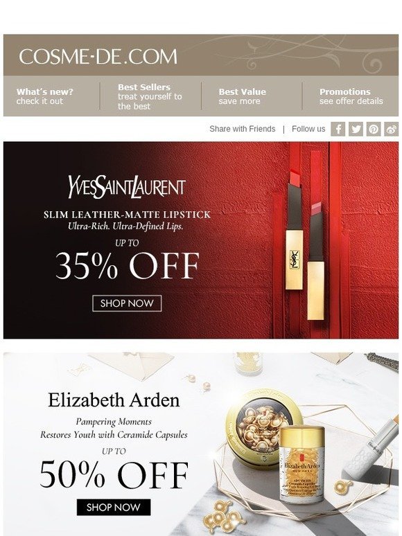 Selected items from YSL, Elizabeth Arden ➤ Shop now