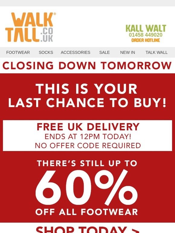 Quick, hurry! Last few hours for free UK delivery