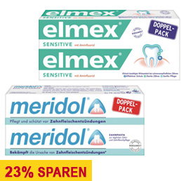 elmex Sensitive oder meridol Zahnpasta Doppelpack - jetzt 23% sparen!
