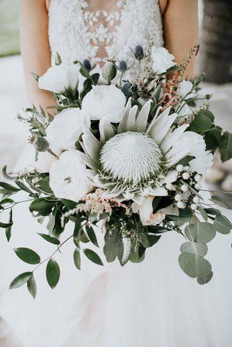 sage green wedding bouquet with protea greenery and white flowers alex lasota photography