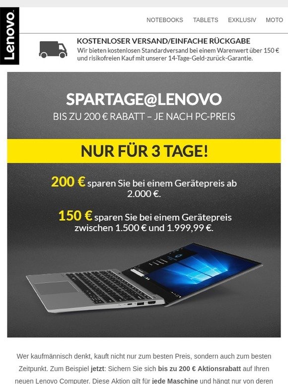 Spartage@Lenovo: Kaufen Sie Ihren PC JETZT und sparen Sie bis zu 200 € >