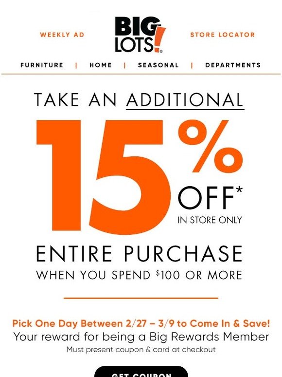 Big Lots: Exclusive 15% Off Purchase Reward enclosed! | Milled