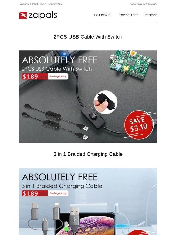 $1.89 Deals - 2PCS USB Cable With Switch | 3 in 1 Braided USB Cable; 5 in 1 USB-C Combo $8.99 and More $10 Deals