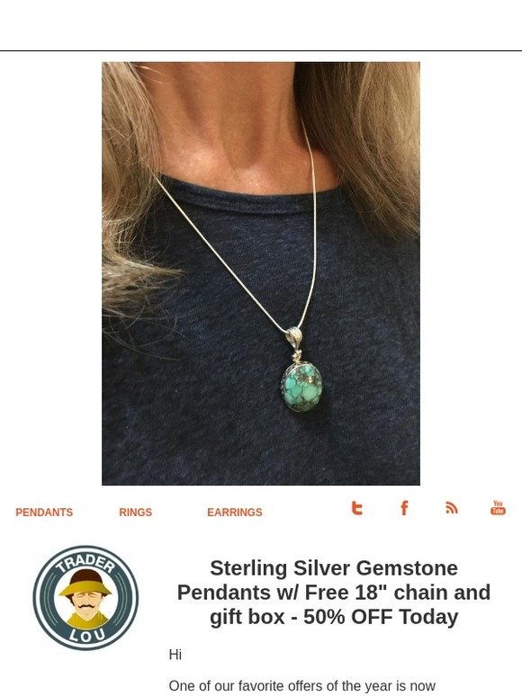 Sterling Silver Gemstone Pendants w/ Free 18" chain and gift box - 50% OFF Today
