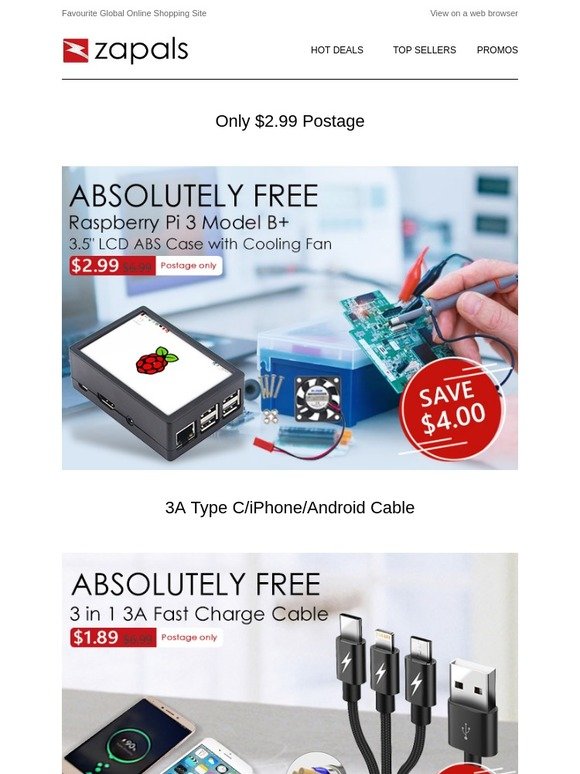 Only $1.89 - 3 in 1 3A Fast Charge Cable; Raspberry LCD Case $2.99; Phone Holder Charging Cable $1.79