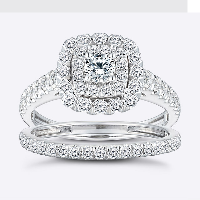 18ct white gold 1ct diamond cushion bridal ring set