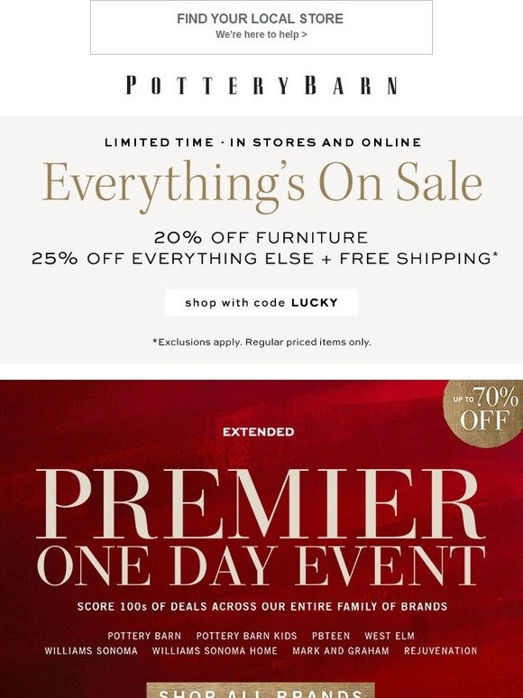 Pottery Barn 1 More Day! Up to 70 Off Premier Event + Up to 25 Off