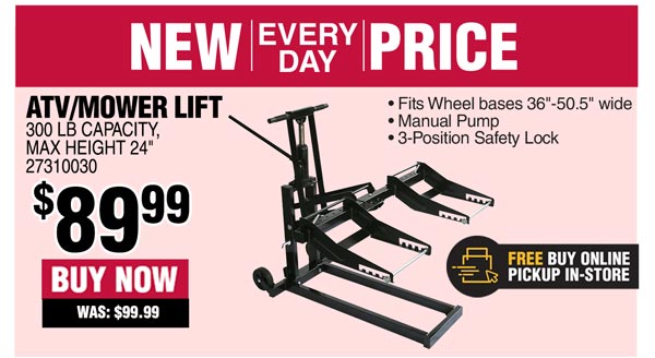 New Every Day Price: 300-LB Capacity ATV/Mower Lift Now Only $89.99