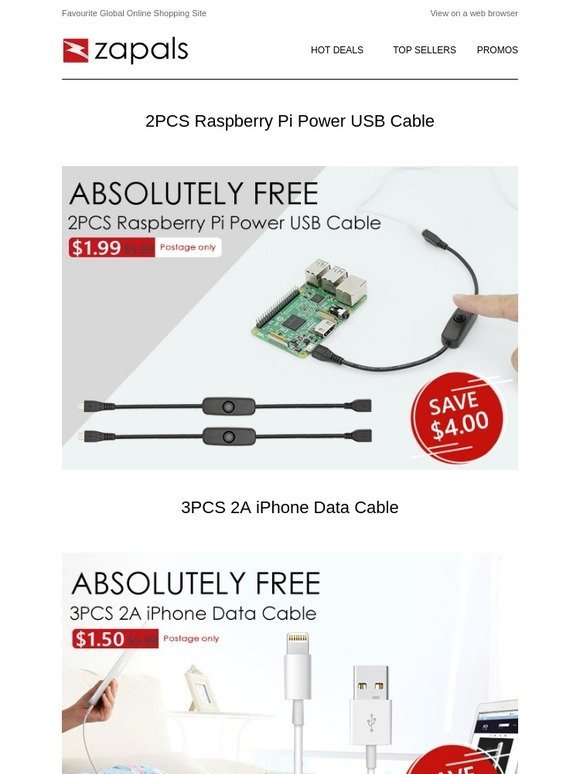 Under $2 Crazy Sale - 2PCS Raspberry Pi Power Cable; 3PCS 2A iPhone Date Cable