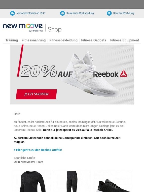 Nur noch kurze Zeit: Bonuspunkte einlösen & 20% auf Reebok Artikel sparen!