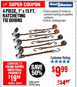 View 500 lbs. Capacity 1 in. x 15 ft. Ratcheting Tie Downs 4 Pc