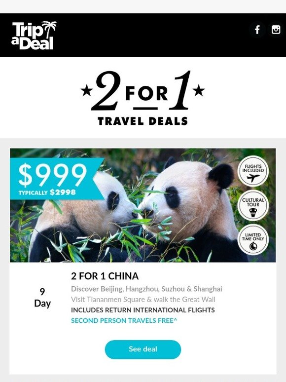 TripADeal ⭐ 2 for 1 Travel Deals from 999 China Borneo Morocco