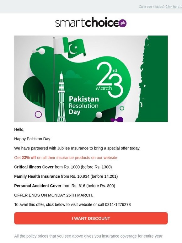 Smartchoice We Have A Special Offer From Jubilee Insurance On Pakistan Day Milled