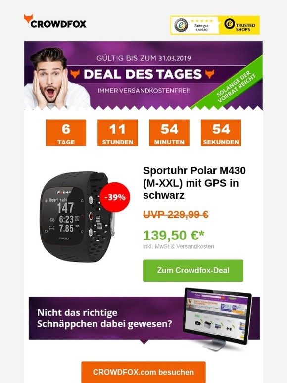 [Deal des Tages -39%] Sportuhr Polar M430 (M-XXL) mit GPS in schwarz