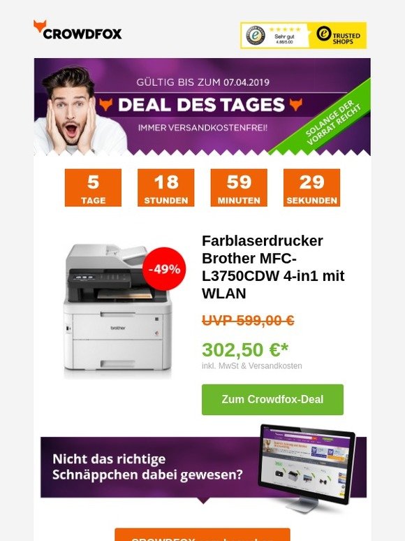[Deal des Tages -49%] 😍 Farblaserdrucker Brother MFC-L3750CDW 4-in1 mit WLAN