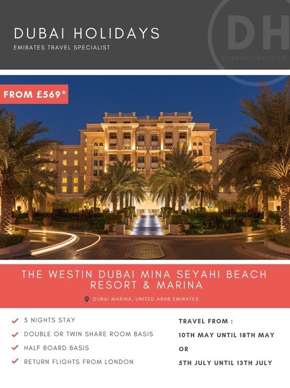 Take your passport for a spin to Dubai. Spend luxurious 5 nights holiday at The Westin Dubai Mina Seyahi Beach Resort.