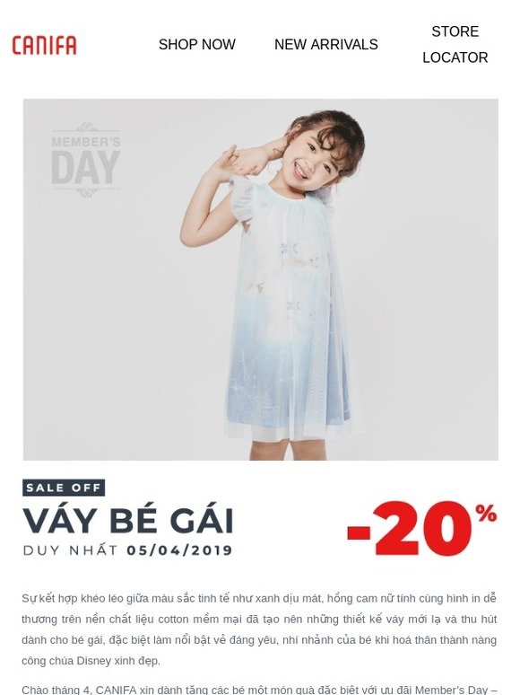 Member's Day - Ưu đãi 20% cho váy bé gái