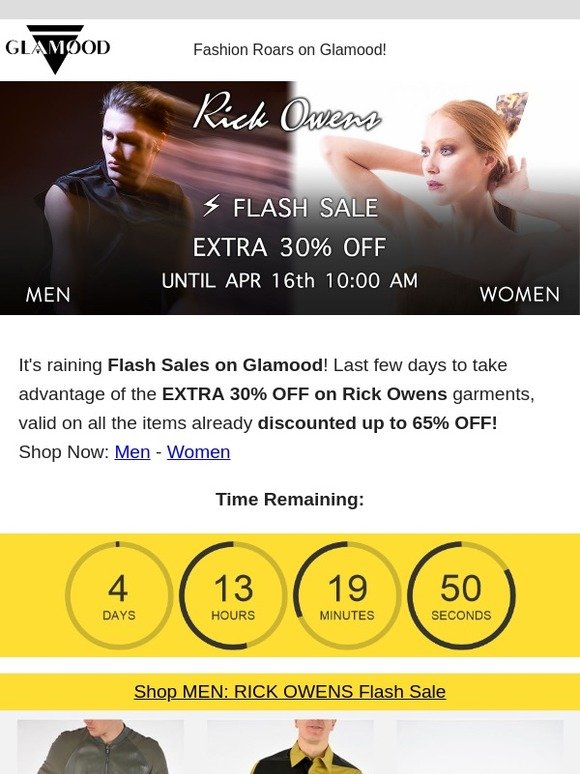 ⚡ RICK OWENS FLASH SALE: Extra 30% Off on all the items already discounted up to 65%
