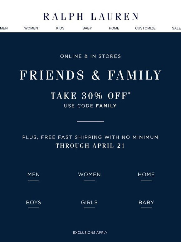 Ralph Lauren: Friends & Family Is Here! Take 30% Off & Enjoy Free Shipping  | Milled