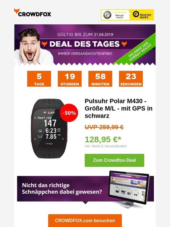 [Deal des Tages -50%] 🔥 Pulsuhr Polar M430 - Größe M/L - mit GPS in schwarz
