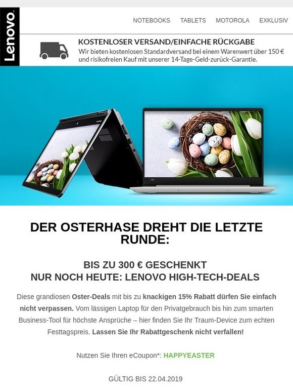 DER OSTERHASE DREHT DIE LETZTE RUNDE: Nur noch heute bis zu 300 € Rabatt auf Lenovo High-Tech!