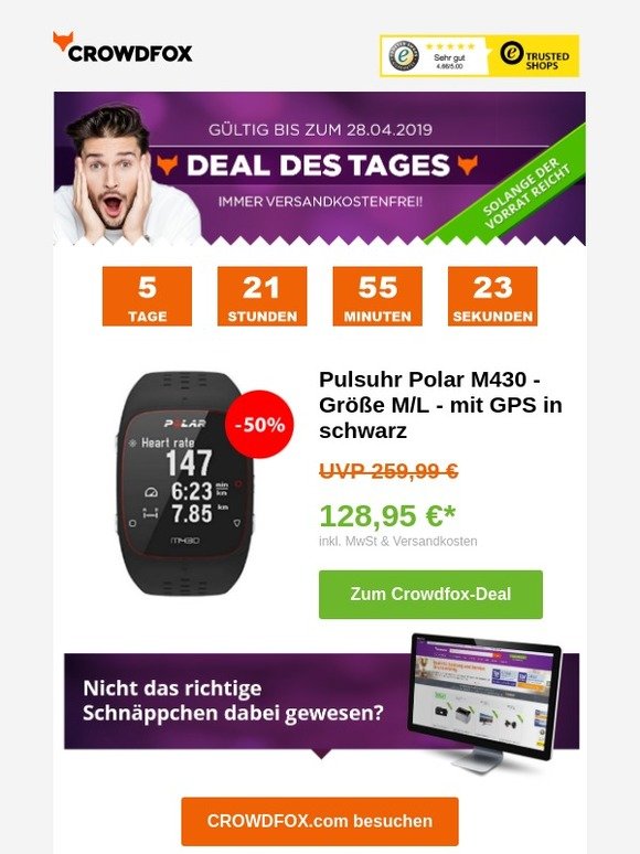 [Deal des Tages -50%] 🏃 Pulsuhr Polar M430 - Größe M/L - mit GPS in schwarz