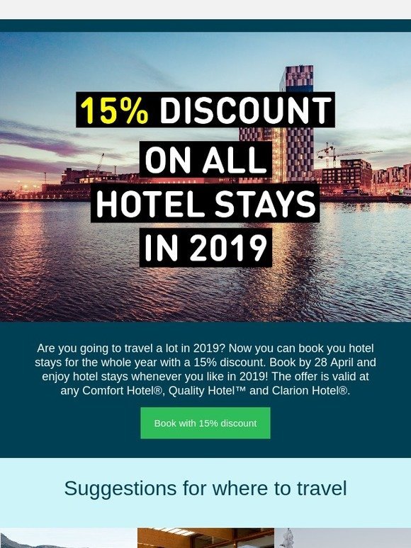 15% discount on all hotel stays in 2019