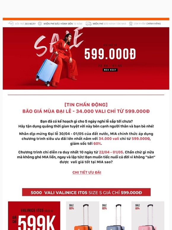 [ĐỪNG BỎ LỠ] Bão Giá Mùa Đại Lễ - 34.000 Vali chỉ từ 599K
