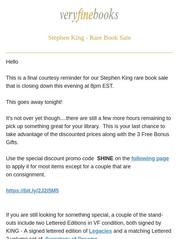[Closing] final courtesy reminder for Stephen King sale....