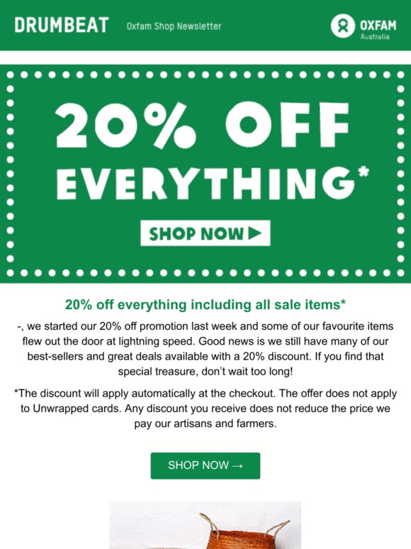 20% off everything. Our favourites are flying out the door!