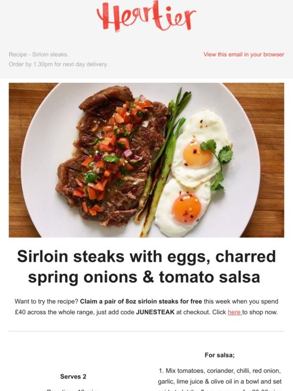 Sirloin steak with eggs, charred spring onion & salsa