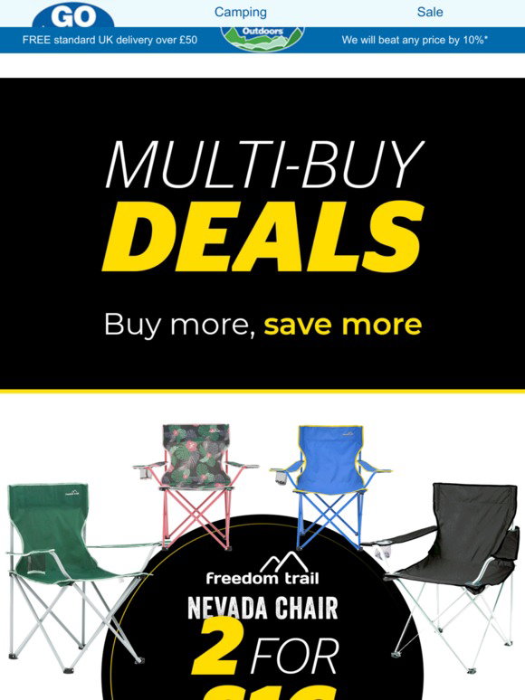 Go Outdoors Multibuy deals Enjoy bigger savings on clothing, camping furniture & more! Milled