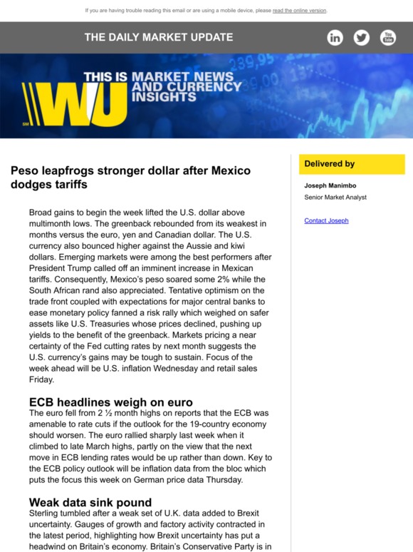 Peso leapfrogs stronger dollar after Mexico dodges tariffs