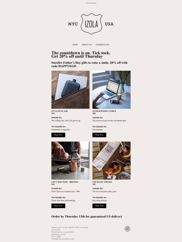 It's Father's Day soon. 20% off stylish gifts for him