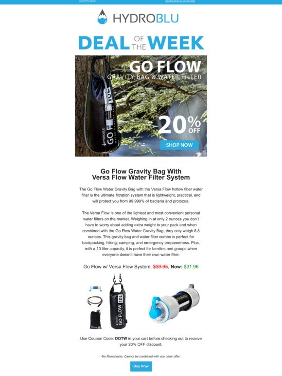 HydroBlu Deal of the Week! Get 20% OFF the Go Flow Gravity Bag With Versa Flow Filter