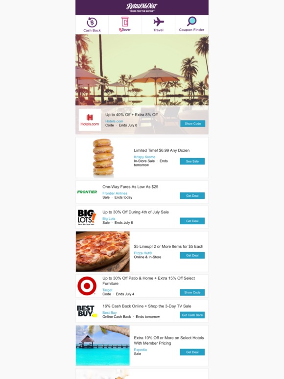 RetailMeNot Krispy Kreme Frontier Airlines Big Lots