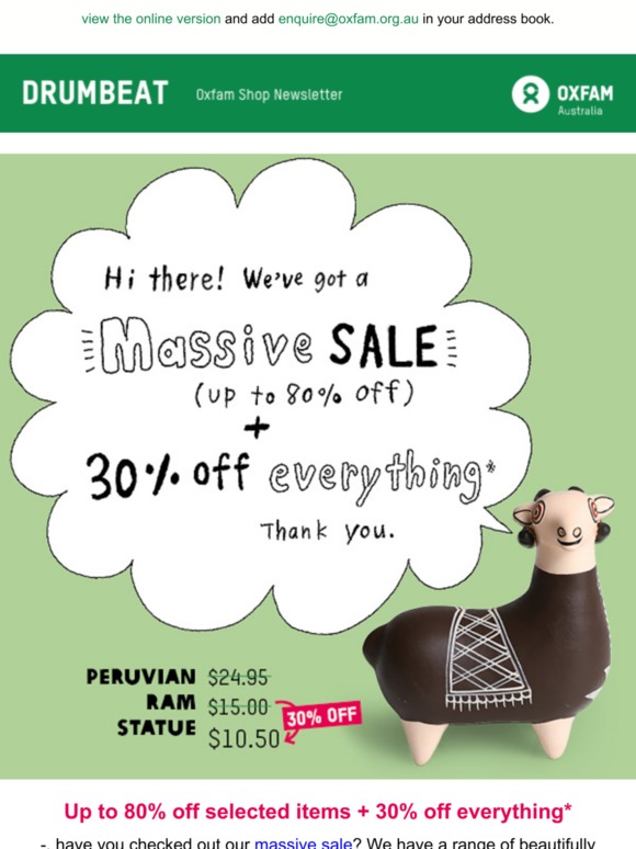 Up to 80% off selected items + 30% off everything