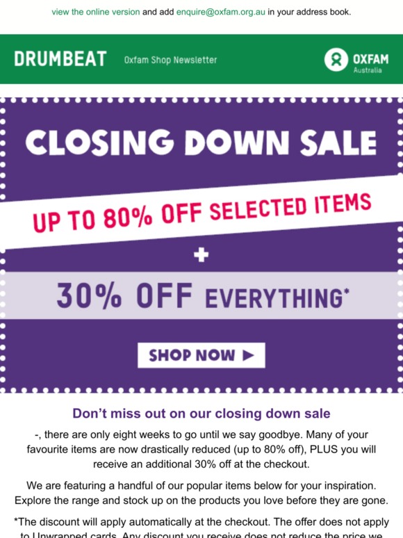 Up to 80% off selected items + 30% off everything