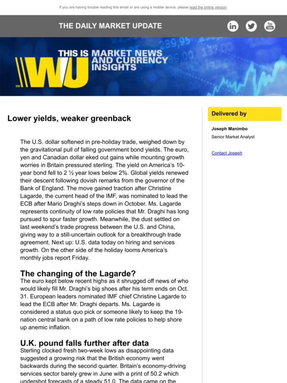 Lower yields, weaker greenback