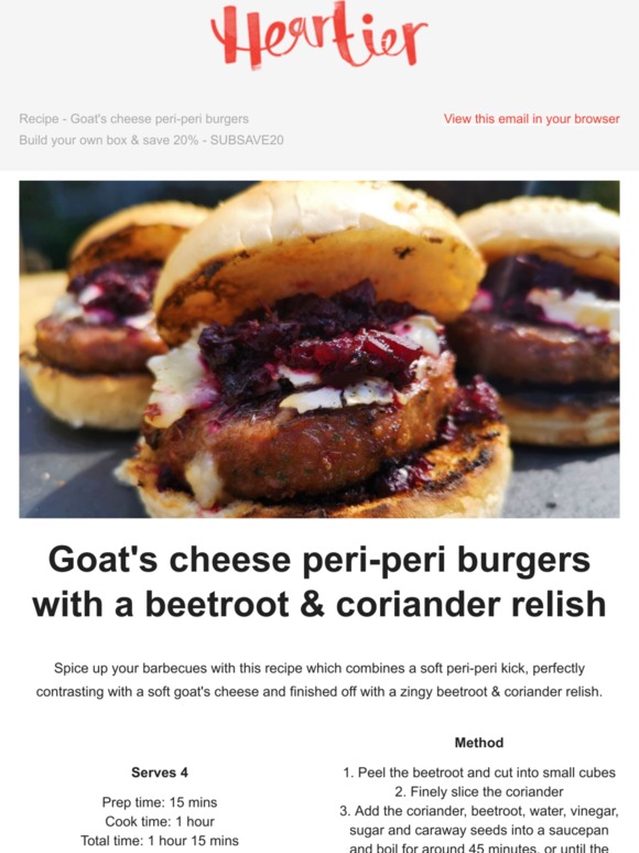 Goat's cheese peri-peri burgers with a beetroot & coriander relish