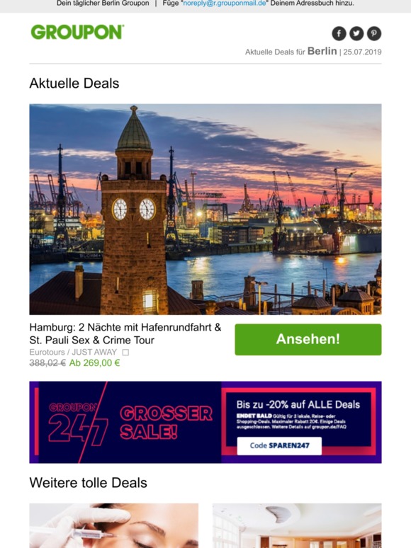Groupon DE Hamburg 2 Nächte mit Hafenrundfahrt & St. Pauli Sex & Crime Tour / DAY SPA Groupon DE Hamburg 2 Nächte mit Hafenrundfahrt & St. Pauli Sex & Crime Tour / DAY SPA
