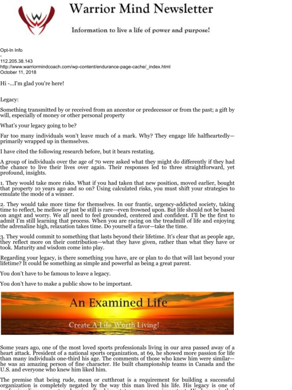 -Warrior Mind Newsletter: What Will Your Legacy Be?