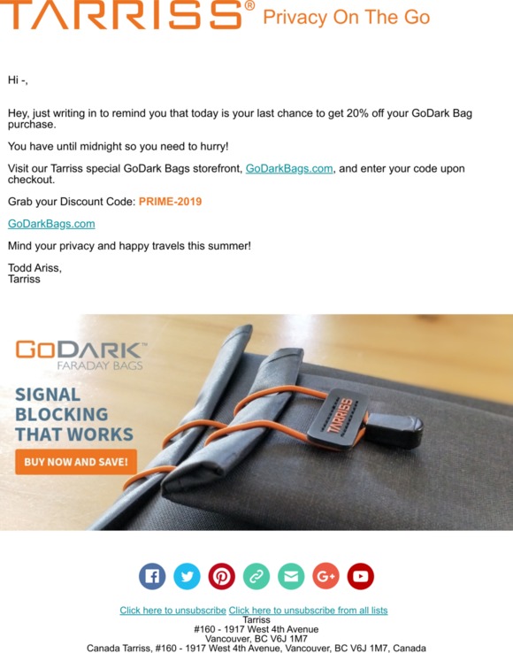 [Expires tonight!] Our GoDark Faraday Bag's Version of Prime Day Promo Is About To End