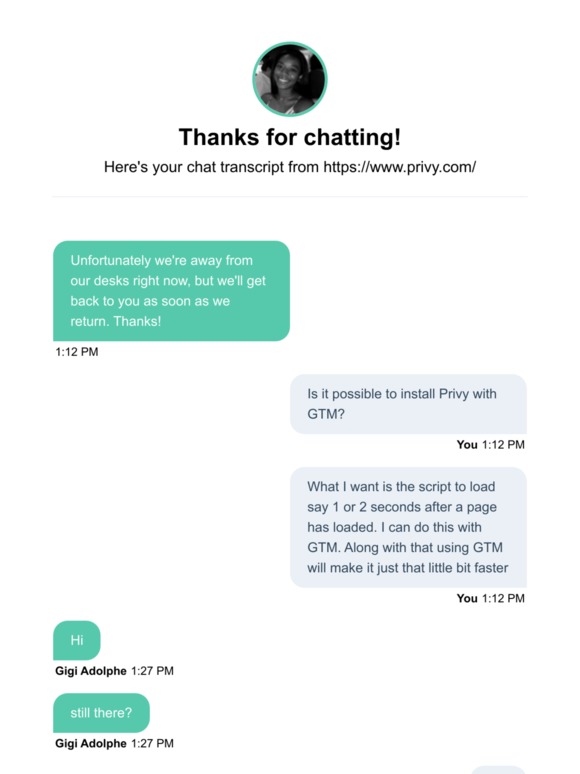 Chat transcript on https://www.privy.com/