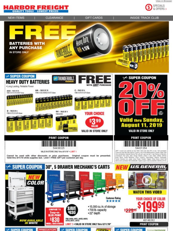Harbor Freight Tools It's True! Free Batteries through Sunday Milled